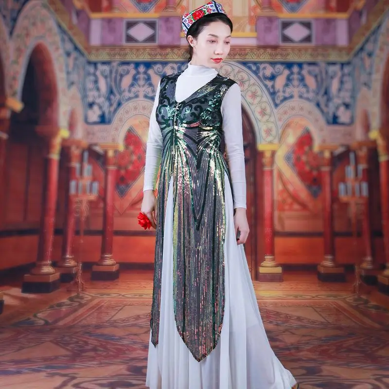 Roupa de dança uigur feminina, colete longo de lantejoulas, estilo étnico, performance xinjiang, novo verão