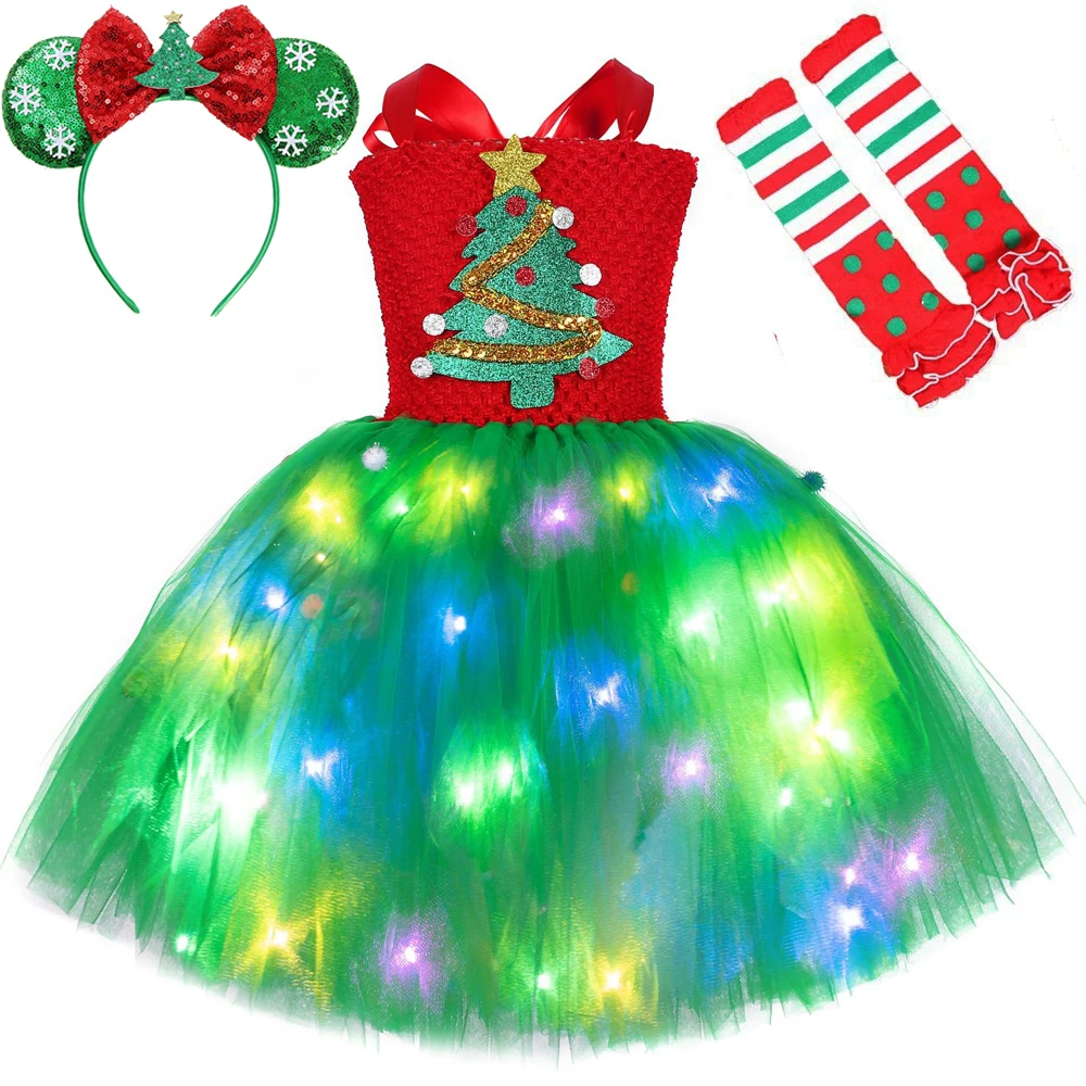 

Led Color Lights Christmas Costumes for Girls Twinkling Xmas Tree Tutu Dress Holiday Party Outfits Kids New Year Clothes Gifts