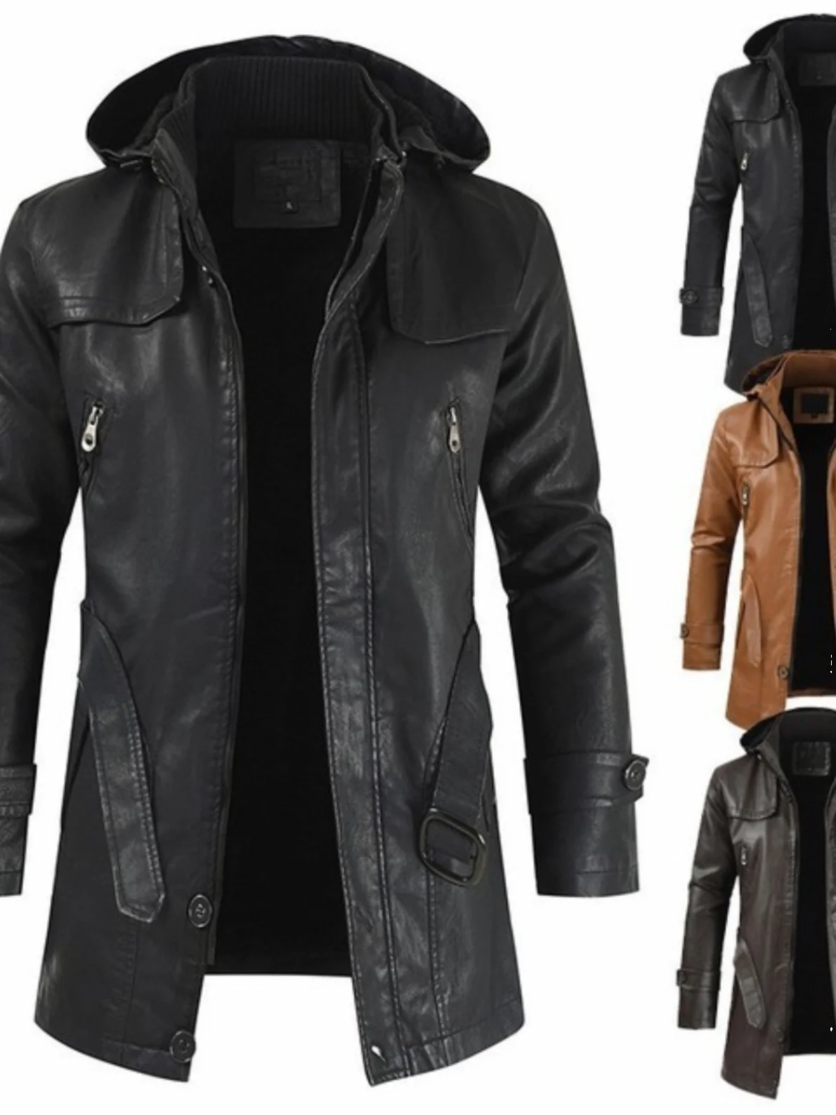 

Мужская зимняя теплая кожаная куртка с капюшоном, длинное пальто из вельвета, модная городская молодежная повседневная куртка-косуха из искусственной кожи с карманами