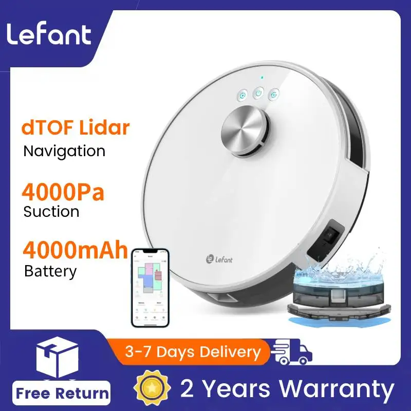 LEFANT-Aspirateur Robot Dallas avec Vadrouille, Navigation Lidar (LDS), 4000Pa, Batterie 4000 mAh, Contrôle App/Alexa, Idéal pour les Sols Durs