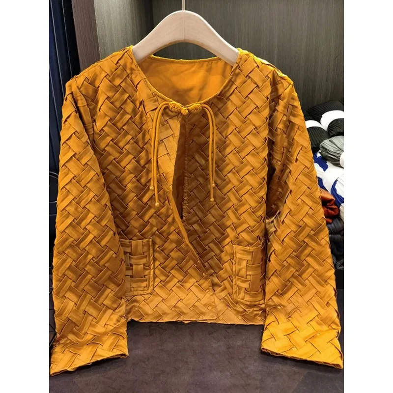 YUDX Miyake Pleated Short Jacket O-neck Casual Woman Long Sleeved Pockets Simplicity Loose Female Cardigan Top New Spring 2024