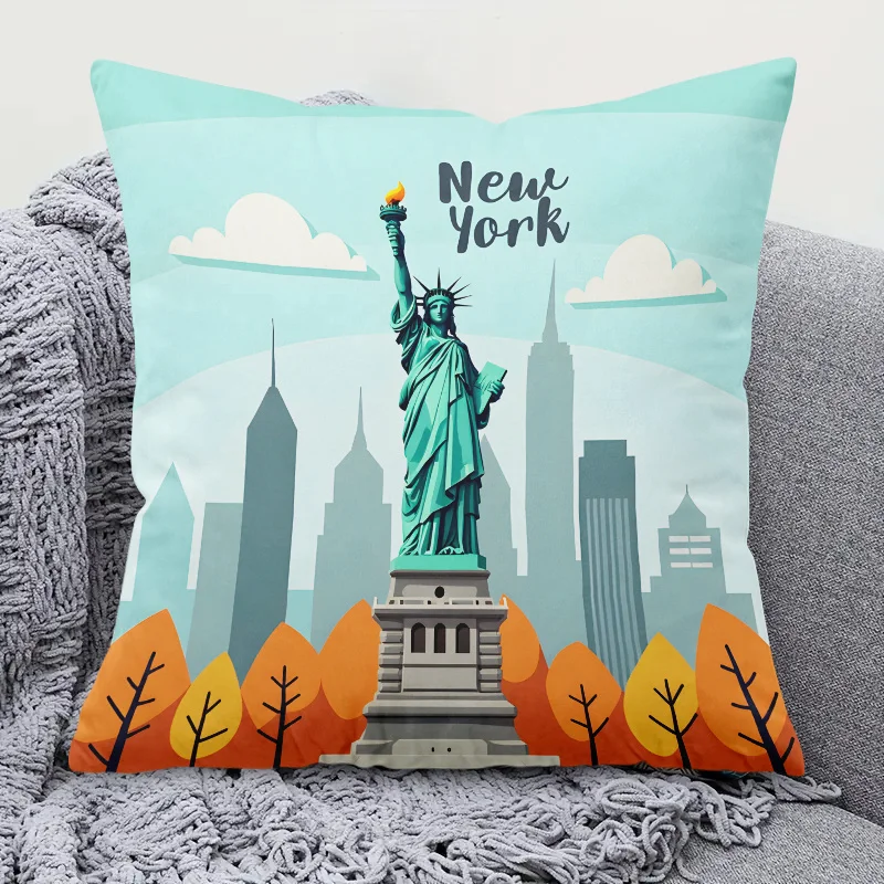 Statue of Liberty New York skyline pillow cover colorful geometric autumn leaves design 45x45cm for living room bedroom decor