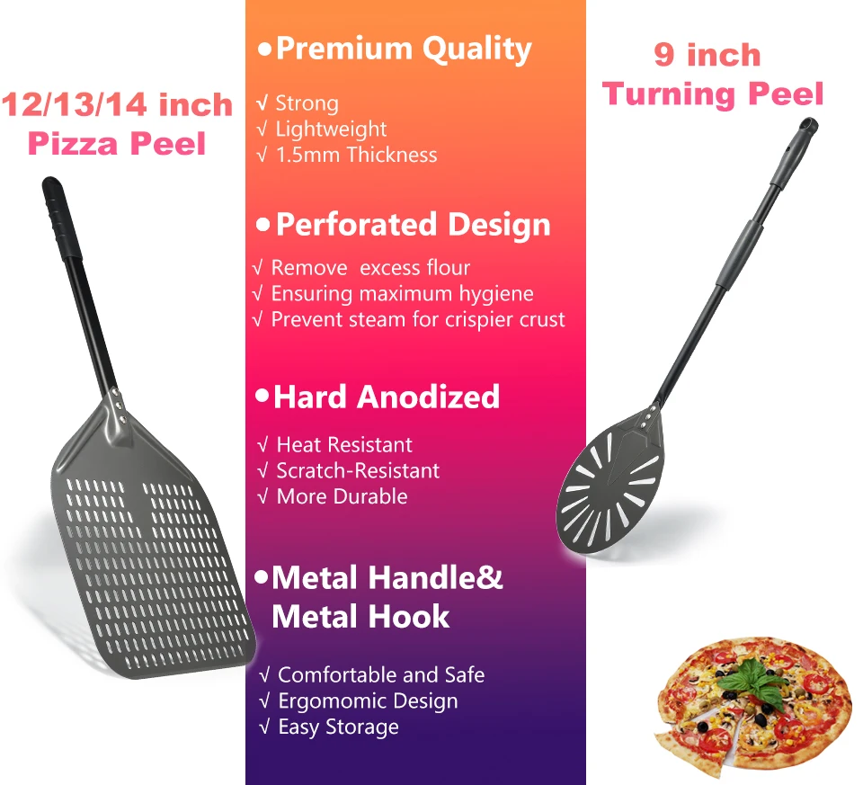 12" Hard Anodized Perforated Pizza Peel Rectangle Pizza Turning Shovel Set Aluminum Pizza Peel Paddle 40cm Long Silicone Handle