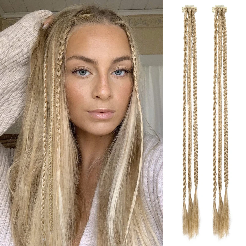 Extensiones de Cabello con Clip trenzado, 2 piezas, trenzas de bebé, postizos de cola de caballo sintética larga para mujeres, niños y niñas,