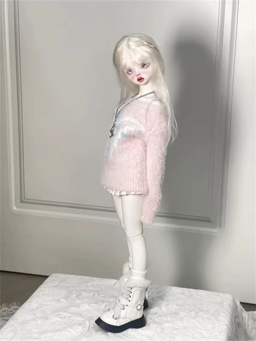 BJD دمية أحذية الفتيات أنيقة 1/4 جولة تو سميكة سوليد لينة حذاء من الجلد الهدايا منتصف العجل أبيض أسود حزام فروي إكسسوارات دمي #4