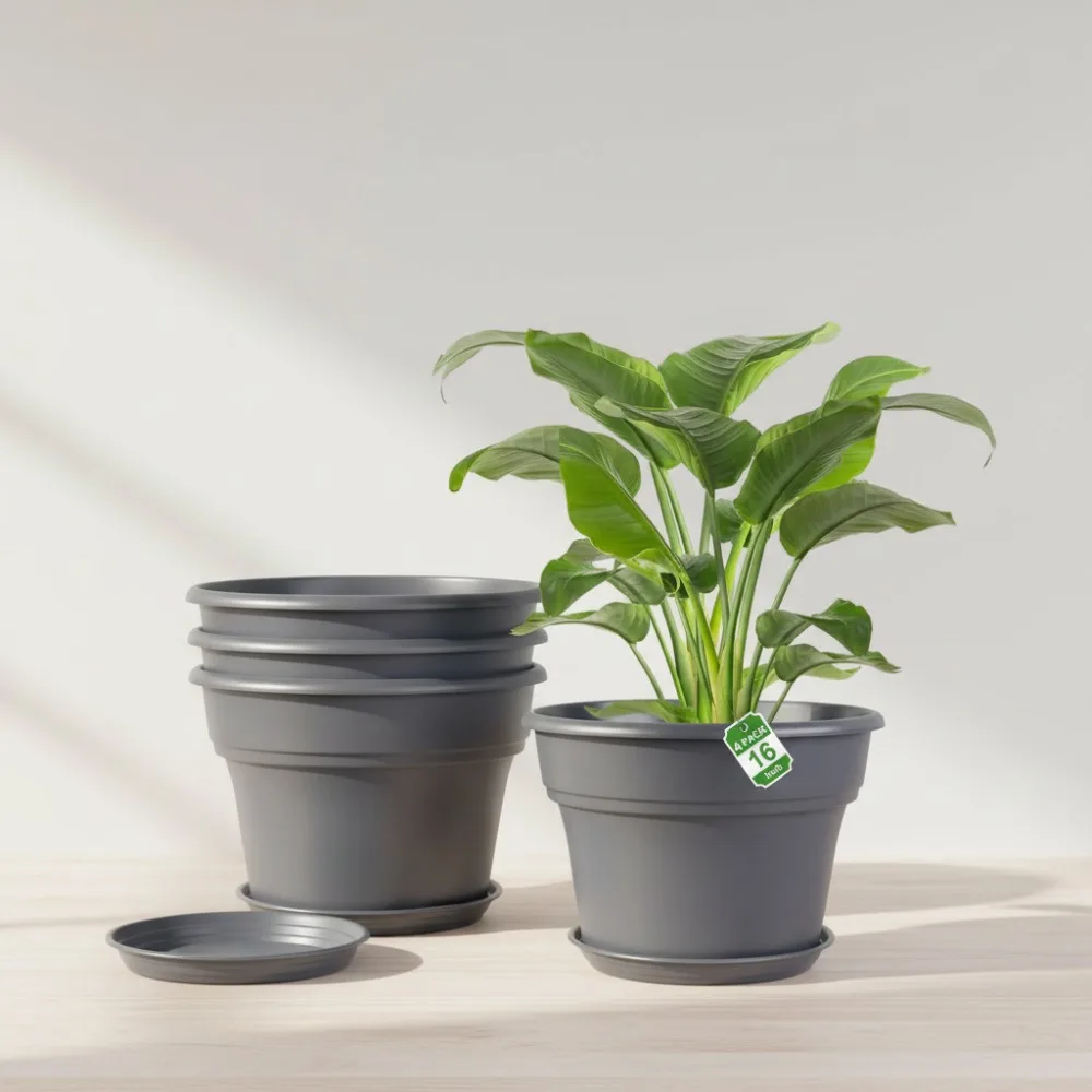 أوعية نباتات كبيرة مقاس 16 بوصة، 4 عبوات، مزارعي زهور بلاستيكية مع فتحات تصريف وصواني لتزيين الحديقة الداخلية والخارجية #1