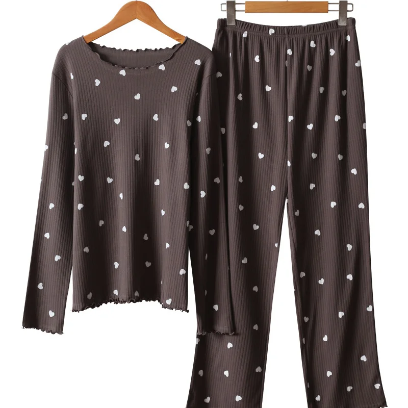 Kuzuwata Japanese Casual Home Wear Pajama Sets O Neck Heart Print Long Sleeve Top Sleepwear+high Waist Wide Leg Pant Underwear