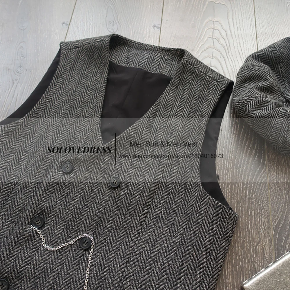 سترات بدلة رجالية برقبة على شكل V من الصوف المتعرج تويد مزدوجة الصدر صدرية سهرة لرفقاء الزفاف #2