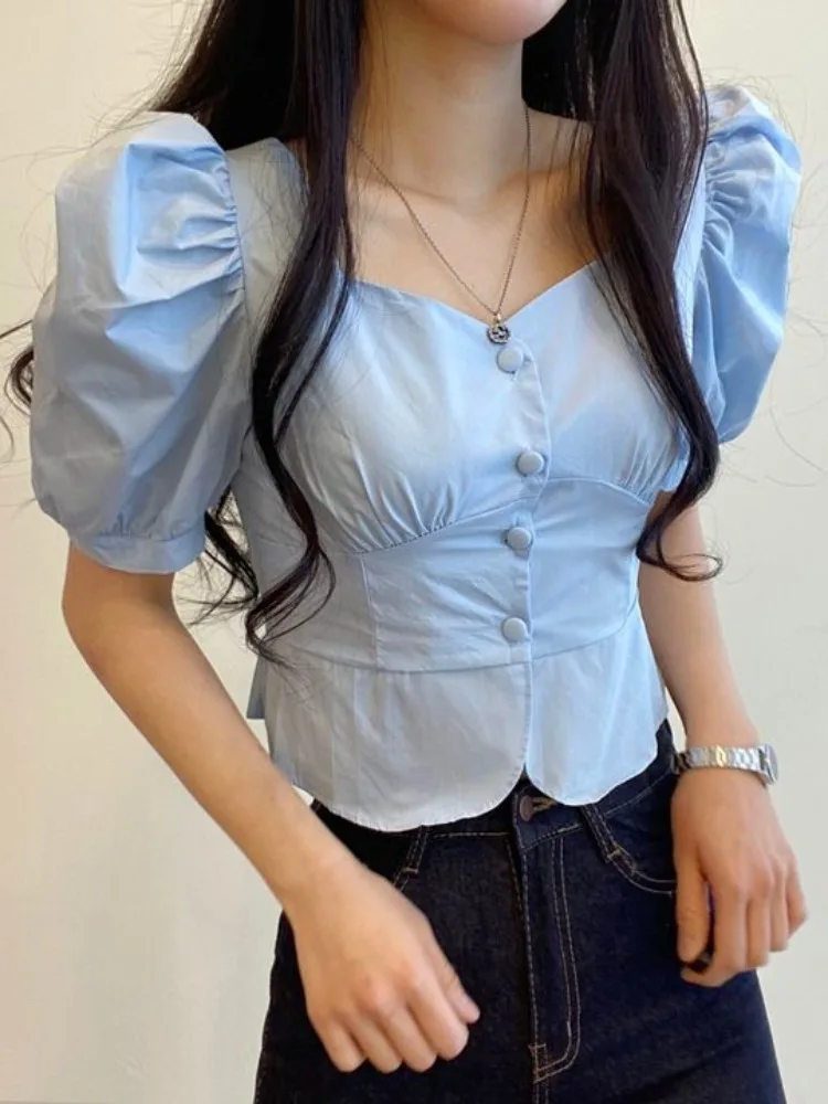 

Ретро-блузка с квадратным воротником и коротким рукавом для женщин, дизайн лета 2025, повседневная, для офиса, как нижний слой, для отдыха