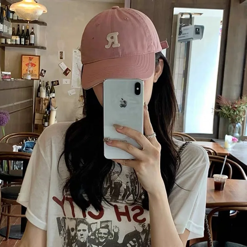 High Quality White Pink Baseball Cap Female Korean Rose Powder Cap Small Face Streetwear Embroidery Letter R Hat Basket Homme