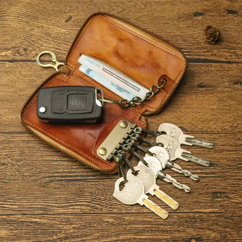 100% Genuine Leather Key Wallet Men Car Key Holder Zipper Key Case Top Quality Male Man Housekeeper Waist Hanging Keys Organizer