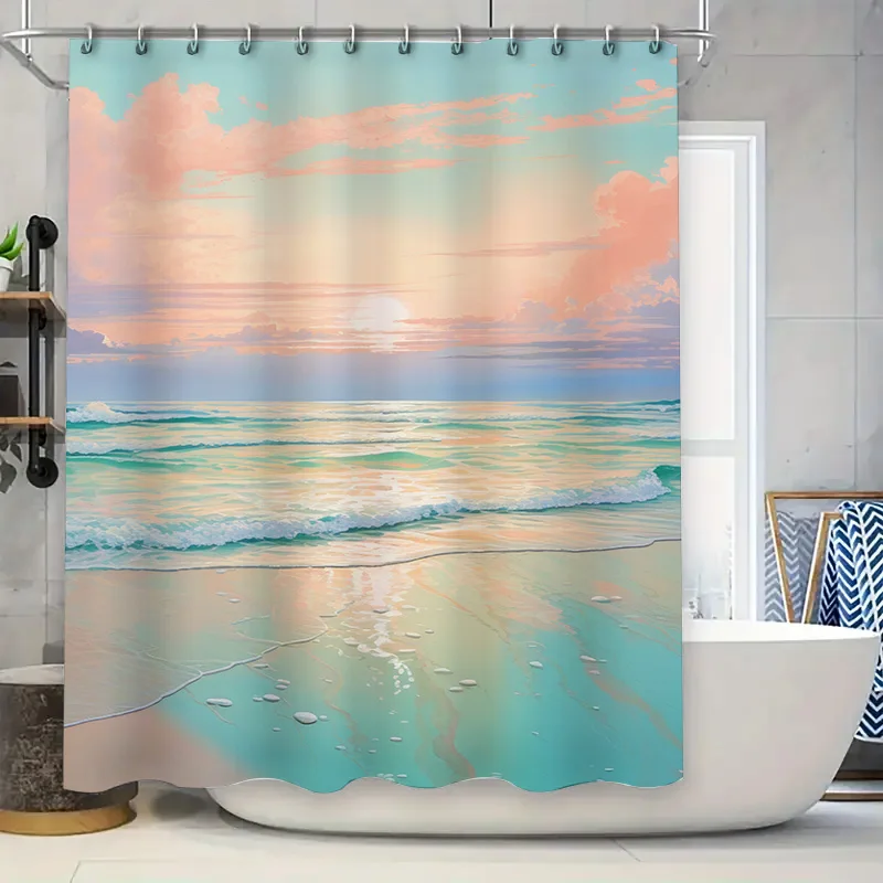 Beach Scene Shower Curtain Soft Pastel Colors for a Relaxing Bath Experience