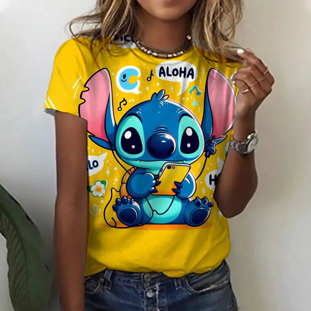 Disney Lilo&Stitch Printed T-shirt Women's Top Women's Summer Children's T-shirt Casual O-neck Ohana Stitch Disney T-shirt