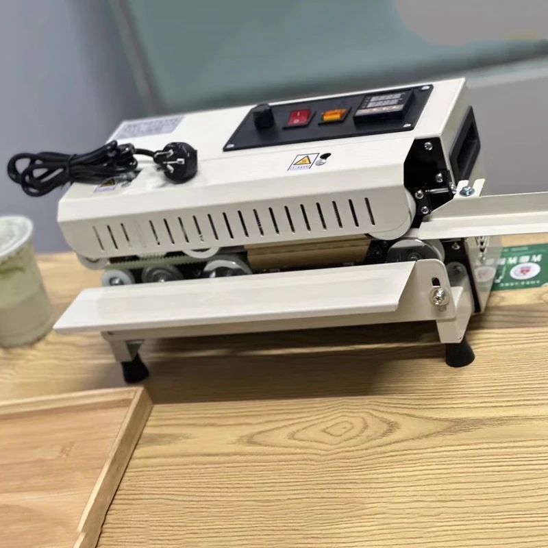 Small Bag Packing Continuous Band Sealing Machine Plastic Bag Sealer Tabletop Easy Operation Commercial Date Printing 220V/110V