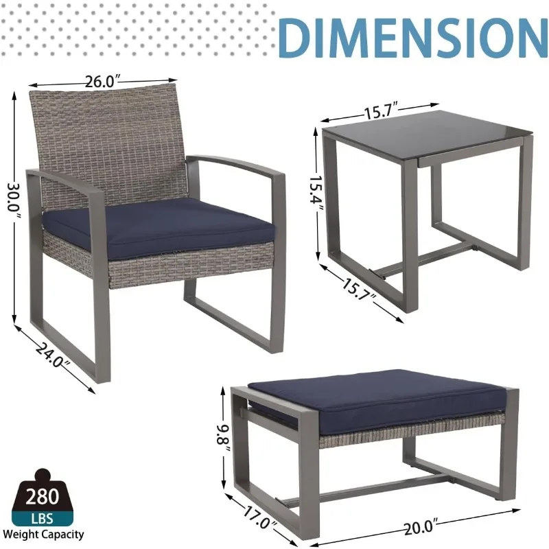 5 Pieces Patio Bistro Set, Outdoor Wicker Furniture Set Modern Rattan Patio Chairs with Side Table & Ottomans