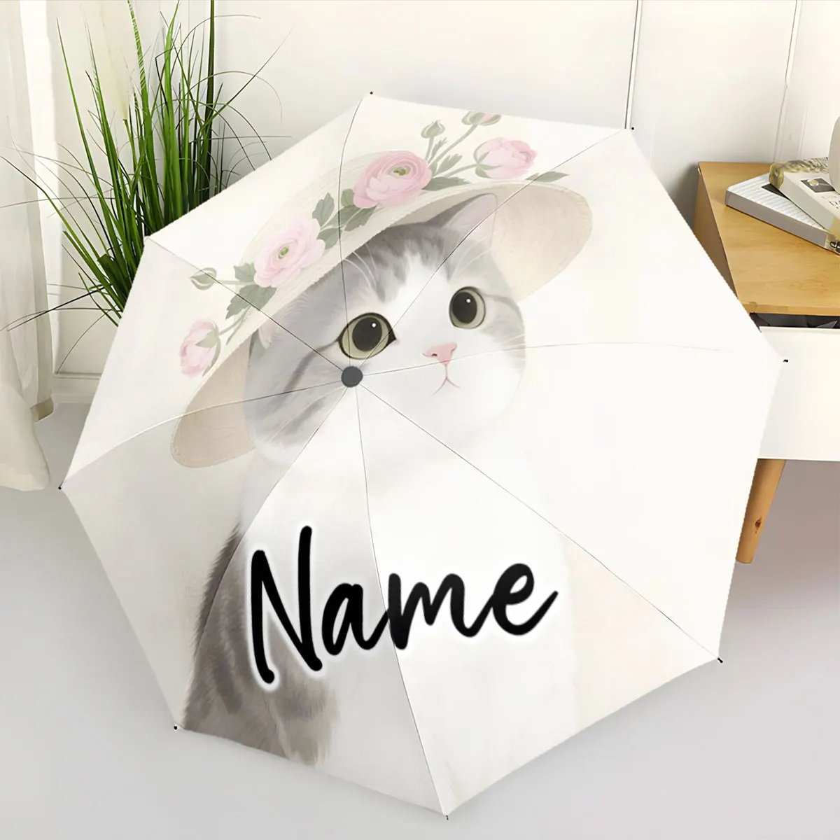 Custom Name Umbrella Cute Cat Umbrella with Floral Hat Design Print 8 Iron Ribs Folding Umbrella Auto-Open Fashion Sunshade