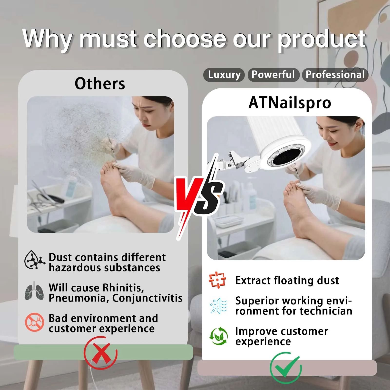 2028 SS Reusable Filter Powder Extractor Manicure Pedicure Vacuum Cleaner Overhead Nail Dust Collector for Salon Podiatry