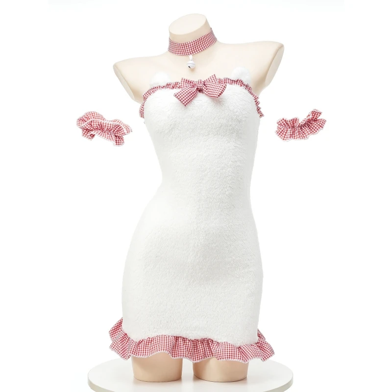 Cute Plush Little Bear Dress Cosplay Costume Sweet Maid Uniform Backless Nightgown Kawaii Lingerie Girl Anime Roleplay Underwear