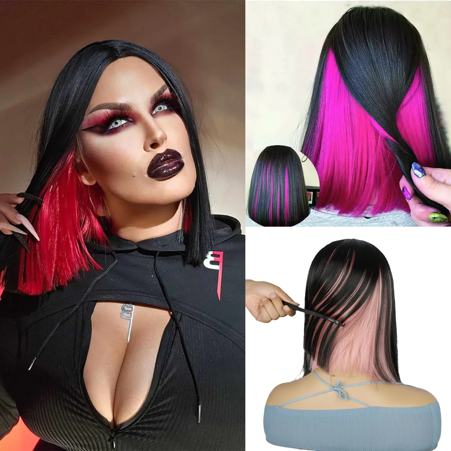 

Black Mixed Pink Short Bob Synthetic Wigs with Bangs Dark Straight Cosplay Daily Natural Hair Wig for Women Heat Resistant Use