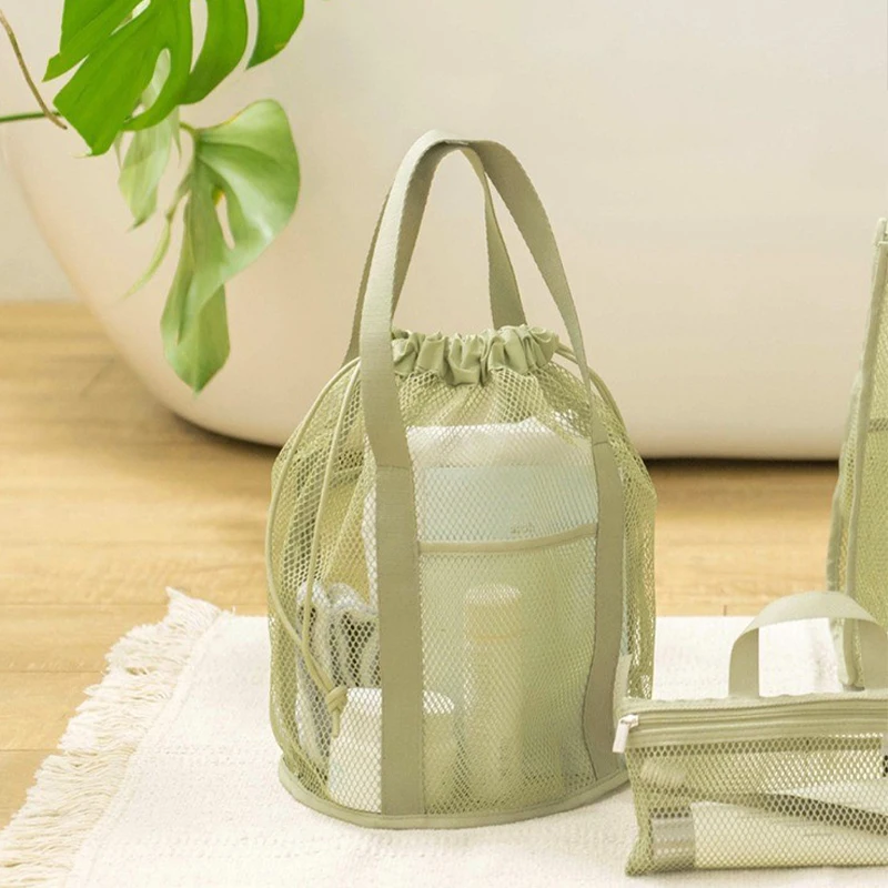 Foldable Large Capacity Travel Cosmetic Bag Organizer Foldable Mesh Nylon Casual Drawstring Rope Bundle Pocket Swim Washing Bag