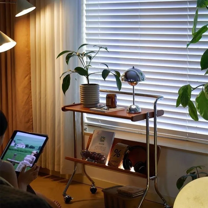Movable trolley sofa side few living room retro solid wood coffee table magazine bookshelf bedside storage medium antique