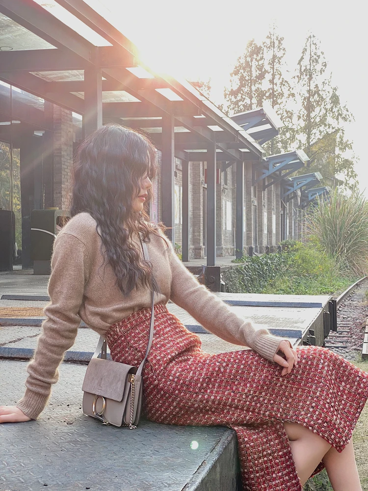 

Юбка Jophond Lou Bury New Year's Plaid из шерстяной ткани в клетку, с высокой талией, боковым разрезом, в стиле ретро, средней длины, А-силуэт