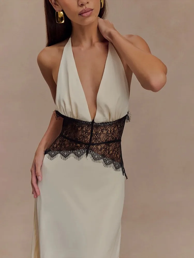 Kleider 2025, Frau, sexy Spitze, Vestidos, Abendkleid, Party, Bankett, tiefer V-Link, Robe, Leace-up, schlank, Neckholder, rückenfrei, Urlaub, trendig