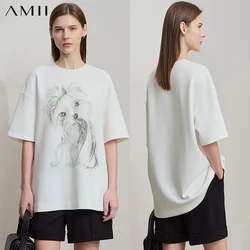 Amii Minimalist Women's Clothing O-Neck Pullover T-shirt 2025 Autumn New Shoulder Sleeves Loose Elastic Print Tee Tops 12511088