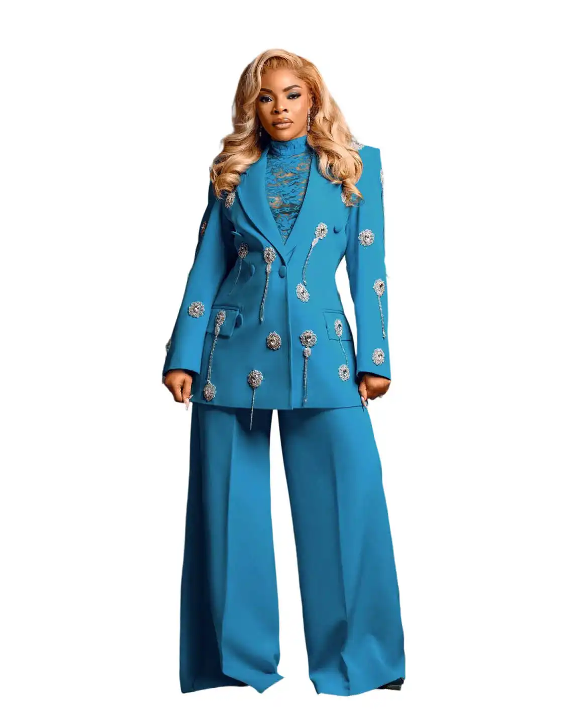 Vintage Crystal Women Suits Dresses Double Breasted Party Gown Loose Pocket Jacket Customized Power Blazer 2 Pieces