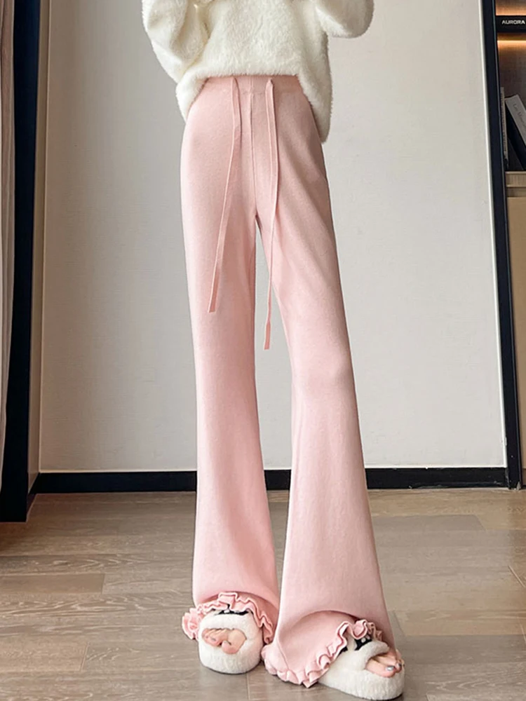 

Zoki Ruffles Knitted Flare Pant Women High Waist Fashion Loose Fall Winter Trousers Korean Chic Elegant Lady Sweet Solid Pants