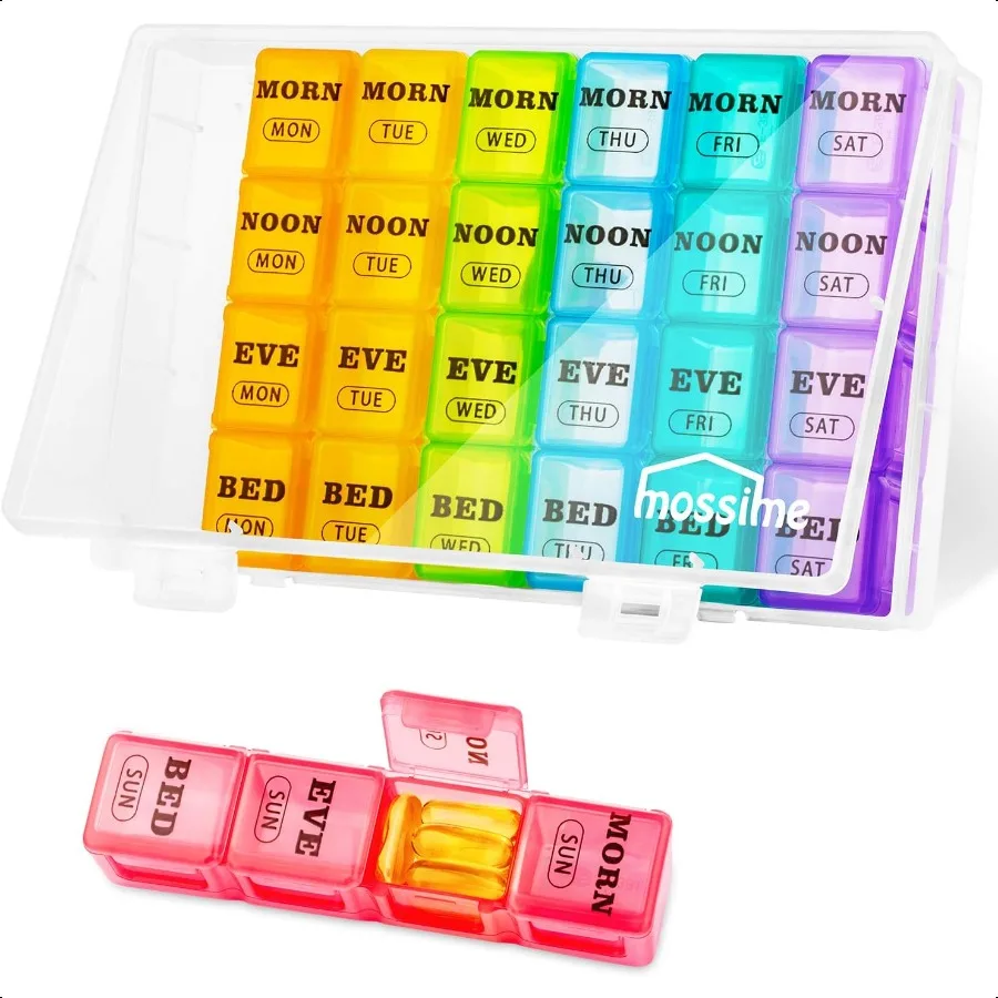 XL Large Weekly Pill Organizer 4 Times a Day 7Day Pill Boxes AM PM Big Compartments Pill Case Monthly Medication Organizer 28 D