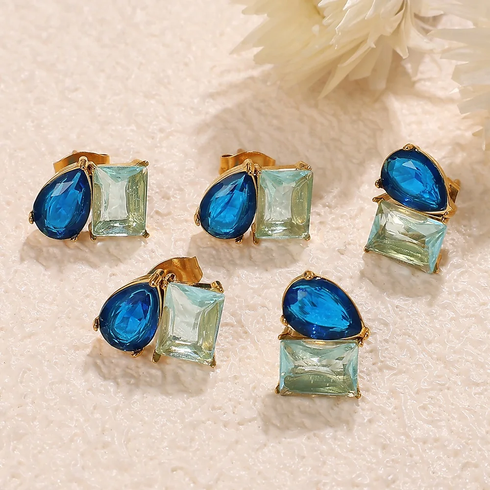 

2025 Bling Fashion Stainless Steel Blue Crystal Ear Studs Colorful Zircon Ear Drop Dangle Cuff Earring Non-fading Women Jewelry