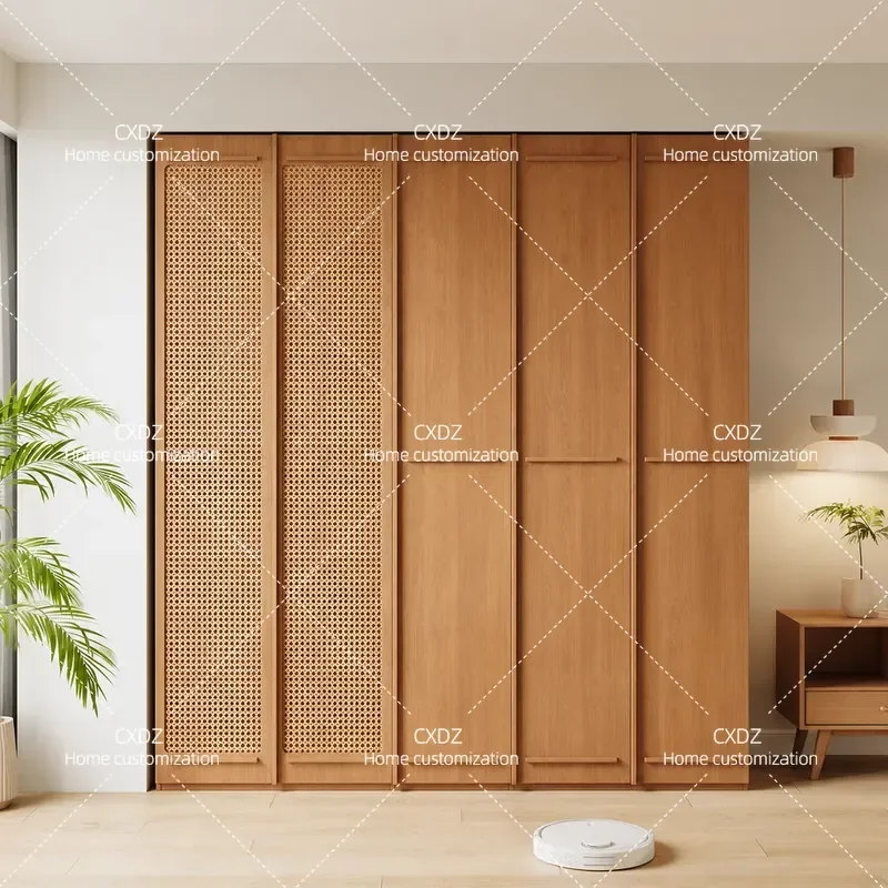 ENF Grade Solid Wood Wardrobe 2025 New Rattan Door Skeleton Line Bedroom Locker One Door to Top Large Storage Cabinet