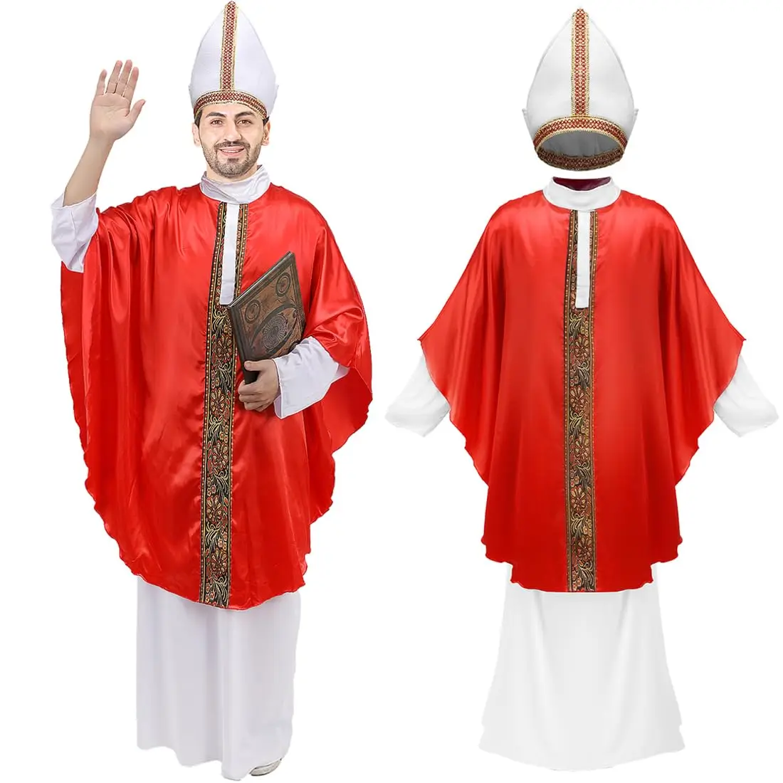 Disfraz de Papa para Adultos, Sacerdote, Túnica de Obispo Católico Bíblico, Poncho Papal Rojo, Sombrero, Traje de Cosplay de Halloween para Hombres