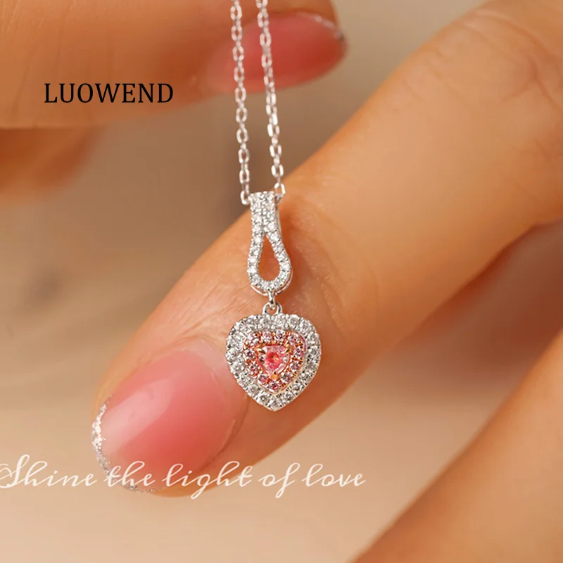

LUOWEND 100% 18K White Gold Necklace Elegant Heart Shape Real Natural Pink Diamond Pendant Necklace for Women Fine Jewelry
