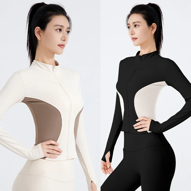 

Новые топы для йоги для упражнений, одежда для фитнеса с длинными рукавами и воротником-стойкой, женское пальто, круглая высокоэластичная узкая куртка с цветными блоками, кардиган