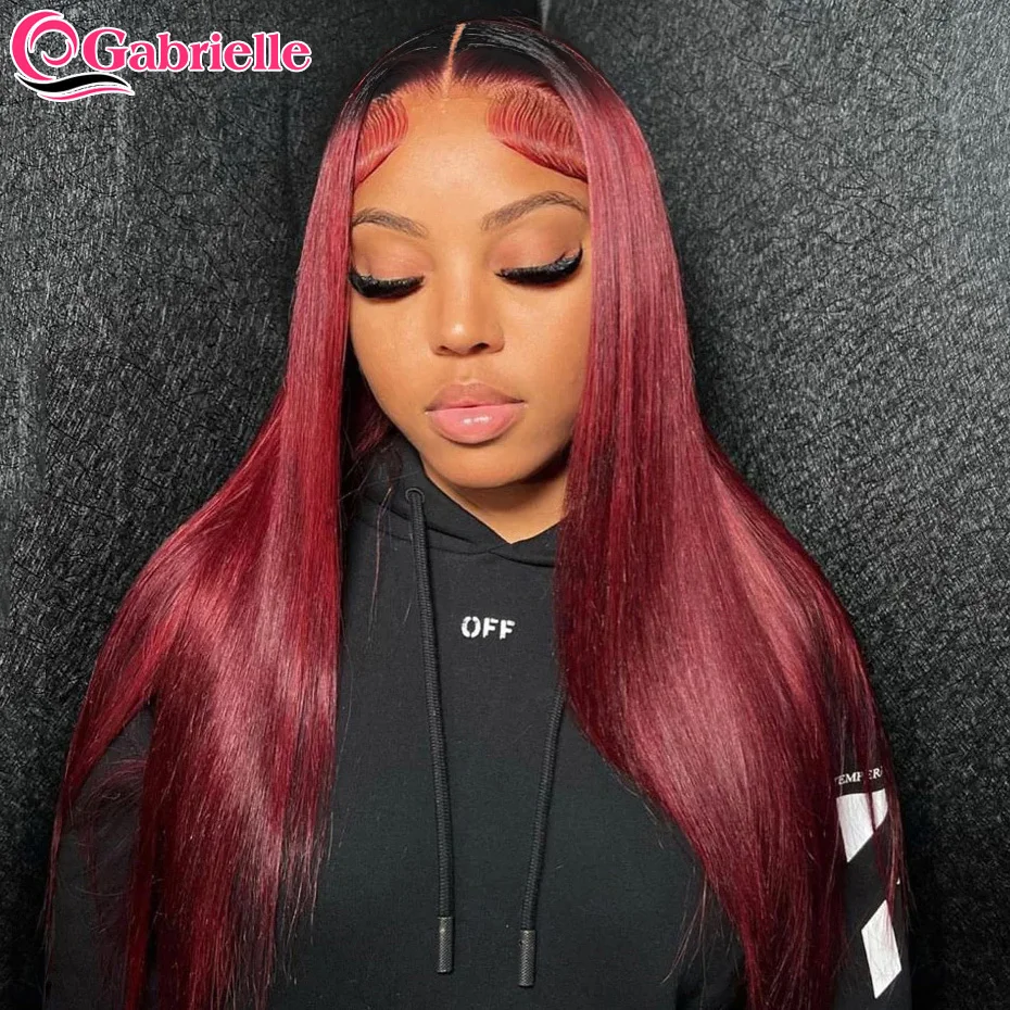 Glueless Human Hair Wigs Ready to Wear Pre Cut 5x5 Lace Closure Wig T1B/99J Colored Ombre Brazilian Straight Burgundy Lace Wig