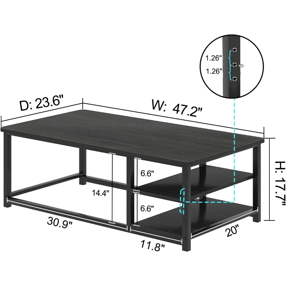 Rustic Modern Coffee Table with Storage Shelf, 47 Rectangular Living Room Furniture