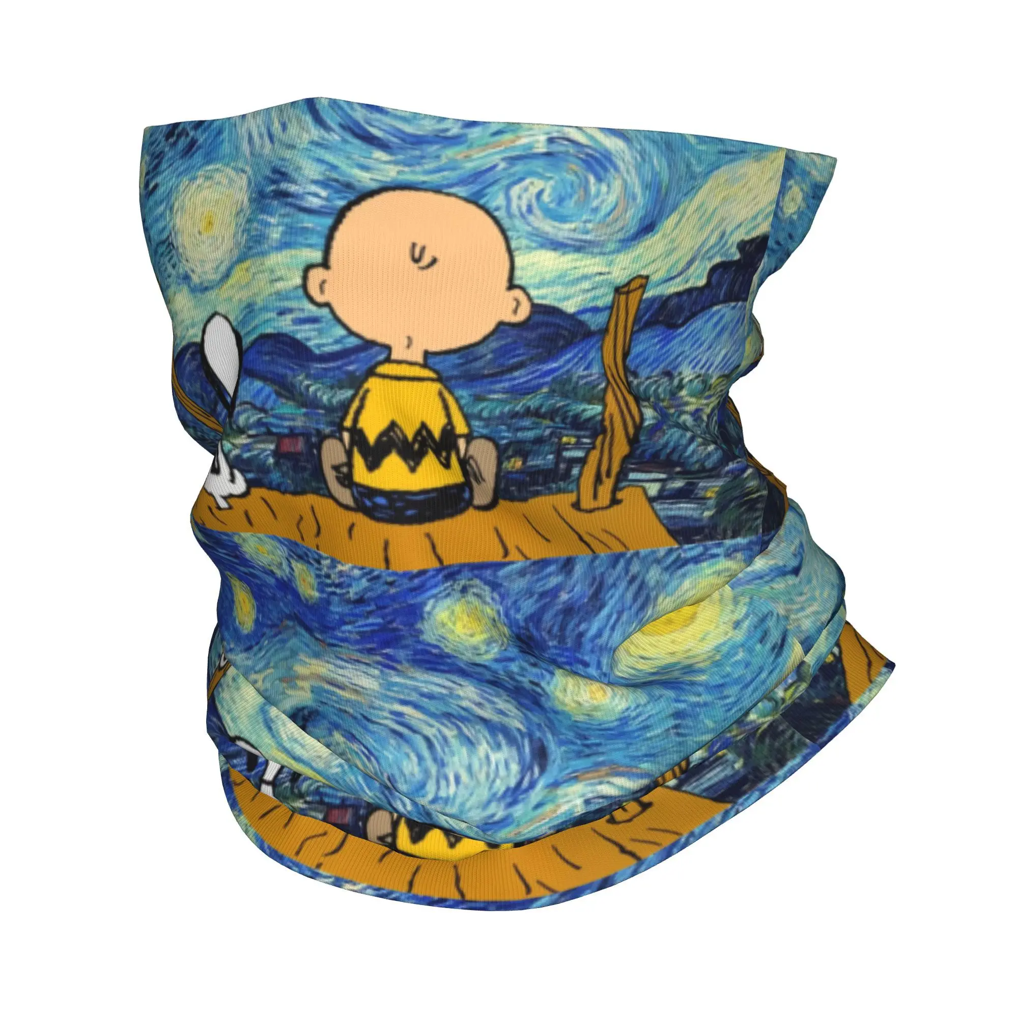 Custom Van Gogh Landscape Snoopys And Charlie Brown Neck Gaiter Men Women UV Face Shield Winter Bandana Scarf for Cycling