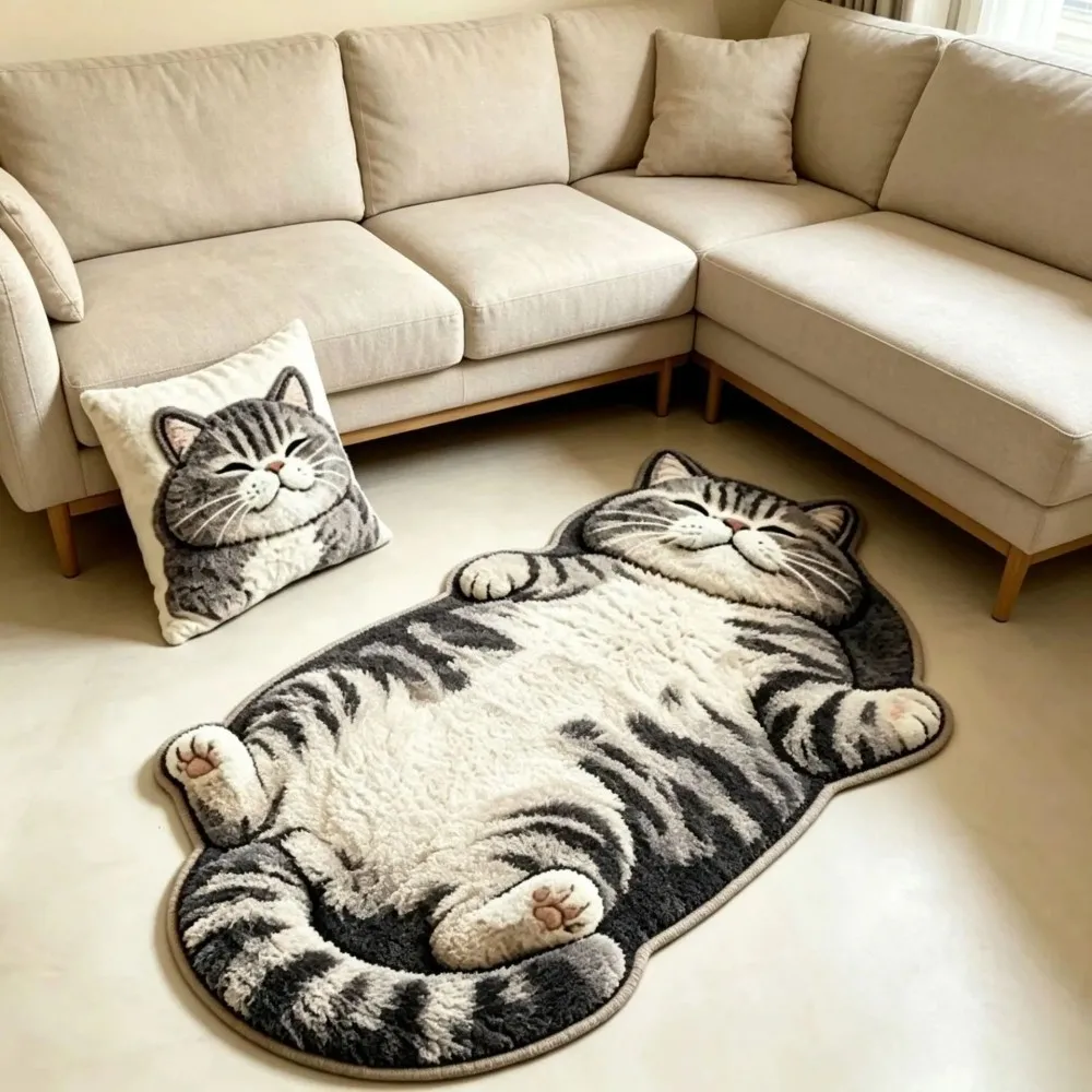 VIKAMA 2D Cat Print Rug, Silver Shorthair Design Non Slip Oilproof Doormat for Home Bedroom Floor Ornament