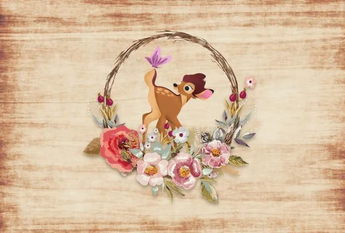 Flowers Basket Bambi Deer Wooden Plank Wood Party Custom Photo Studio Kids Birthday Backdrop Background Vinyl Fabric Banner