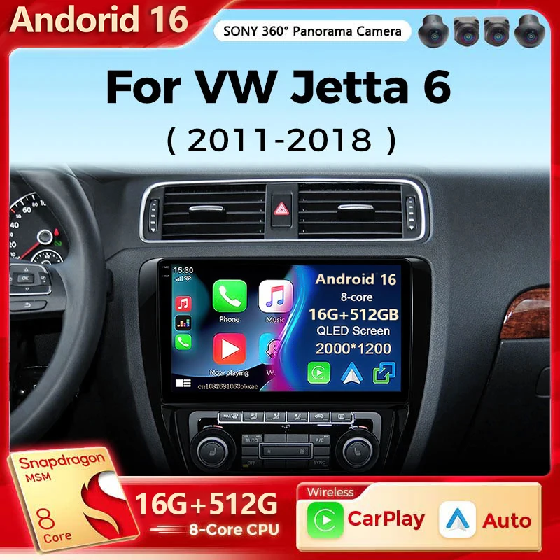 Android 16 Car Radio Multimedia Player For VW Volkswagen Jetta 6 MK6 Wireless Carplay Auto Car Stereo 48EQ GPS DSP 2Din Qualcomm