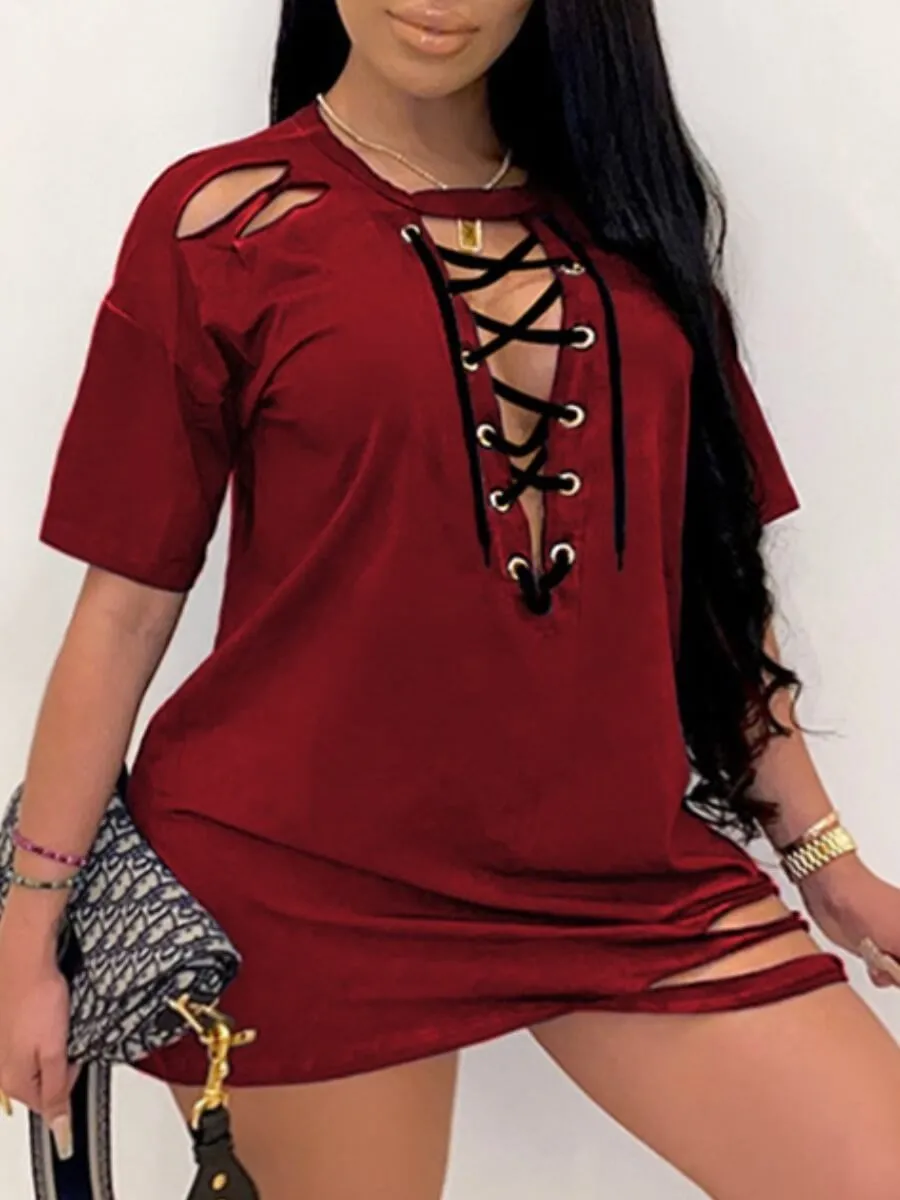 LW Plus Size Sexy Ripped Bandage Design Dress Casual Short Sleeve V Neck Solid Color Tee Cleavage Female Vestidos