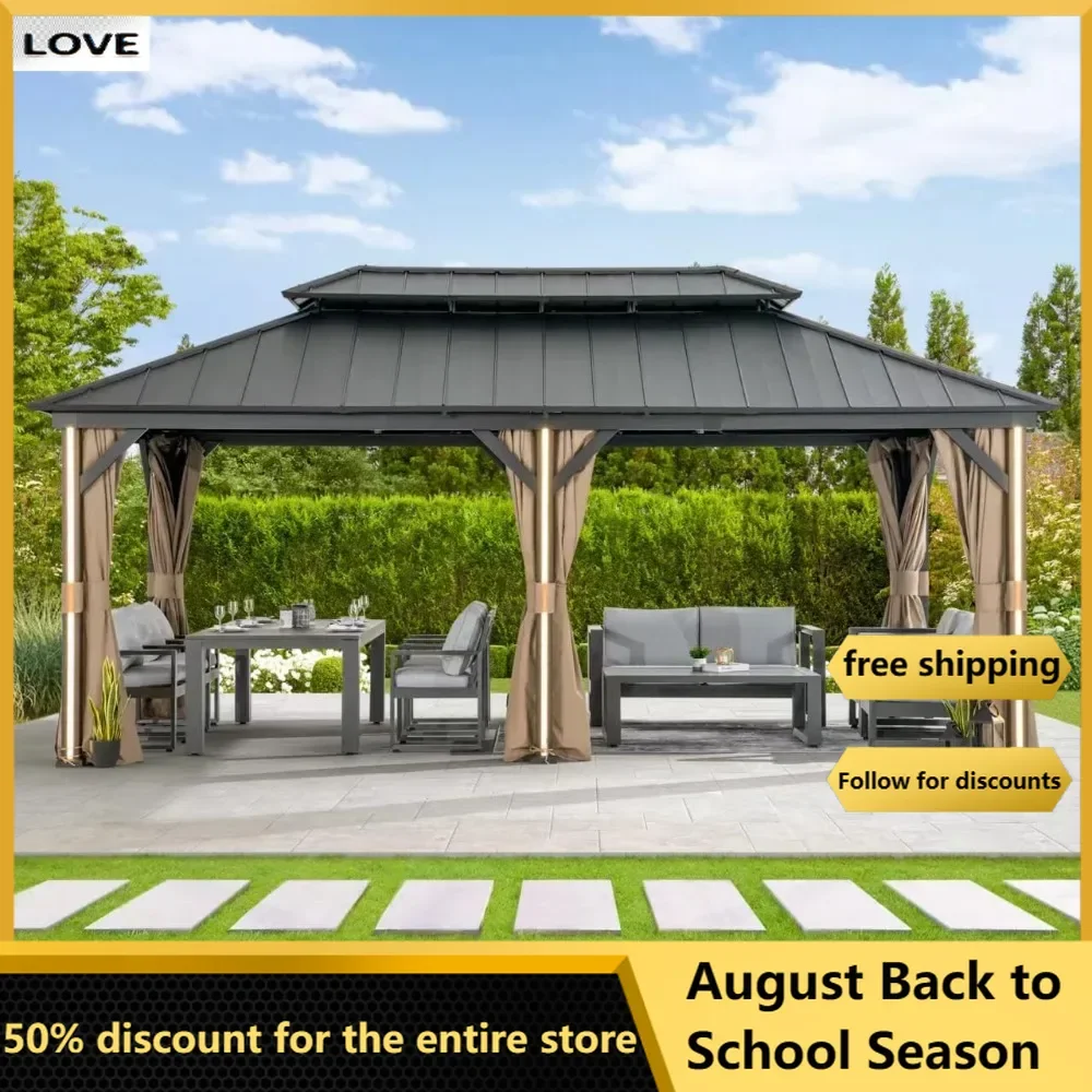 12' x 20' Gazebo with 6 LED Lights, Outdoor Gazebo with Galvanized Steel Double Roof, Netting and Curtains for Patios gazebo