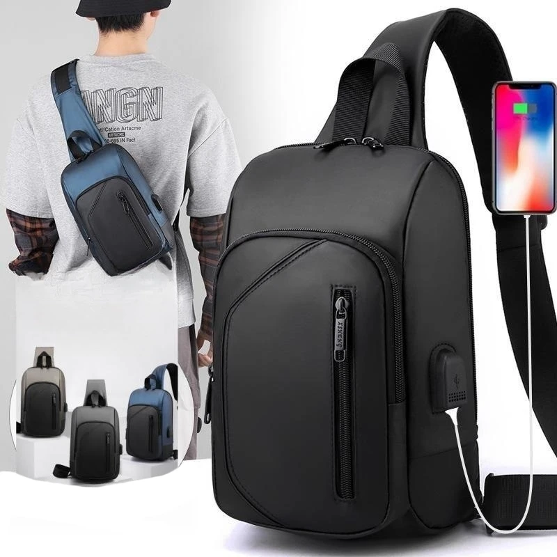 Tas dada pria, ransel selempang anti air kapasitas besar dengan pengisian daya USB, tas kurir santai portabel untuk perjalanan