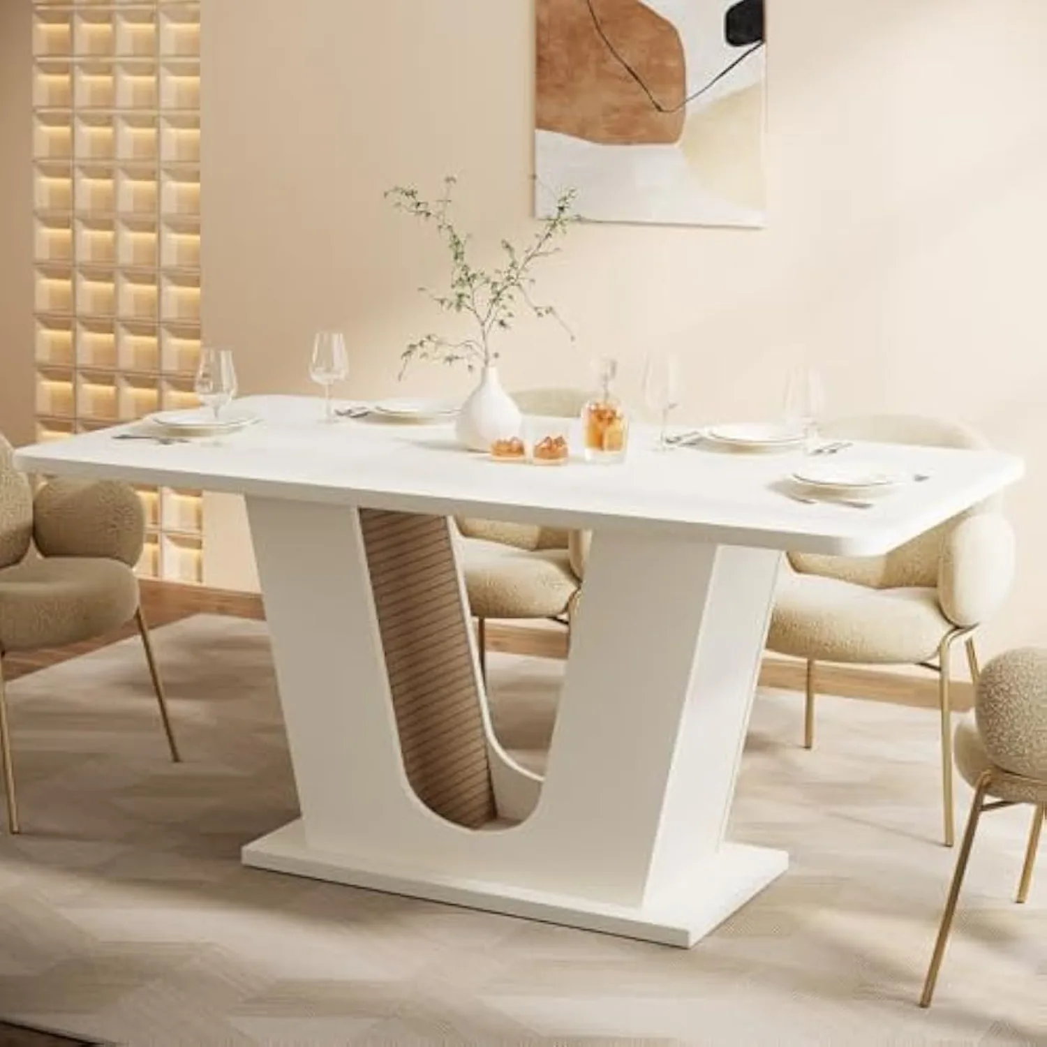 LITTLE TREE Mesa de comedor moderna para 4-6 personas, mesa de cocina rectangular de 55 pulgadas con base en forma de U, blanco crema