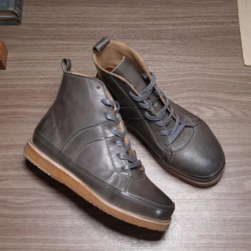 Handmade Washed Cow Leather High-Top Ankle Boots Men Lace-Up Retro Punk Streetwear Fall Casual Everyday Footwear