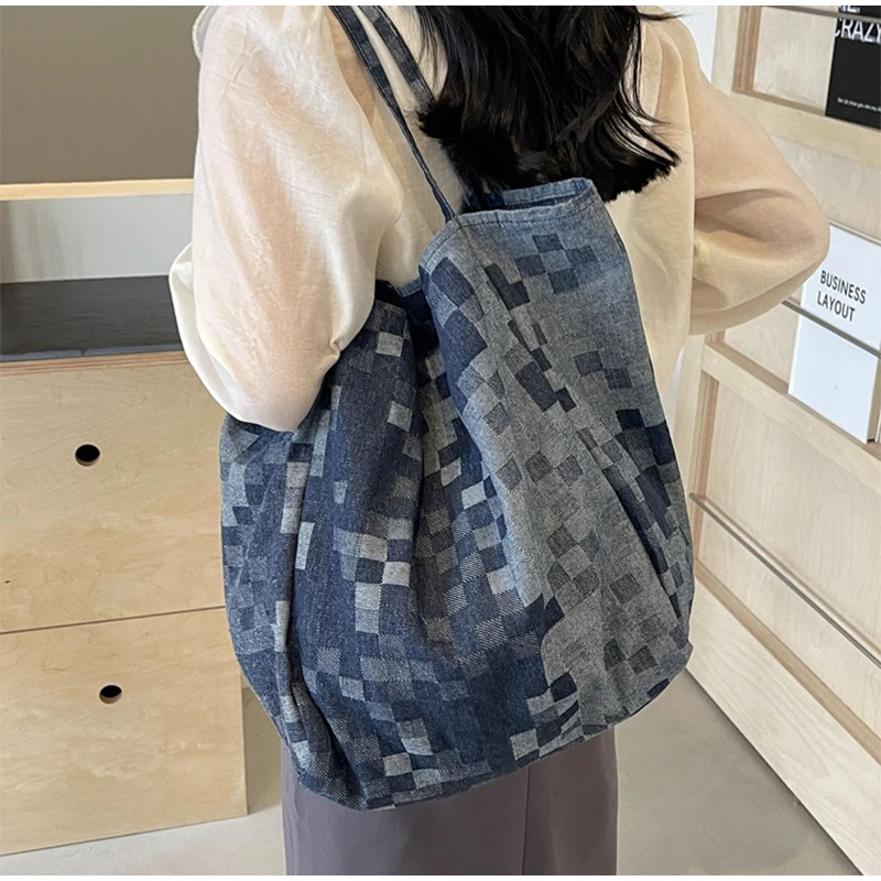 Trend Casual Aesthetic Larger Capacity Eco-friendly Shoulder Bag New Women's Shopping Bag Fashion Denim Blue Bucket Tote Bag