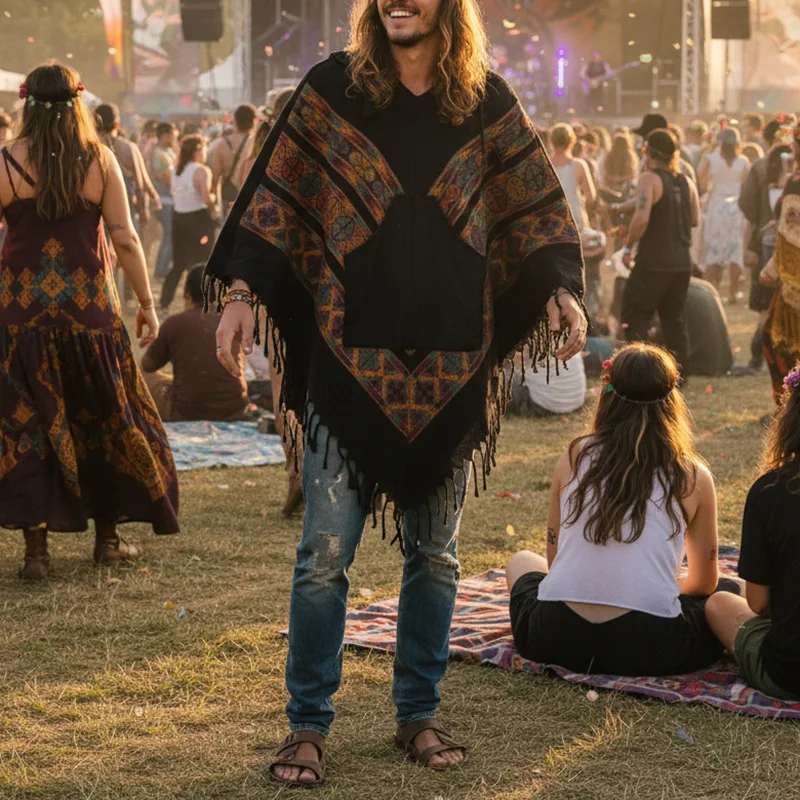 

Модное мужское пальто с капюшоном, пончо-накидка с принтом, ромбовидным узором и бахромой, шаль-плед, модный плащ-накидка с бахромой, мужская куртка