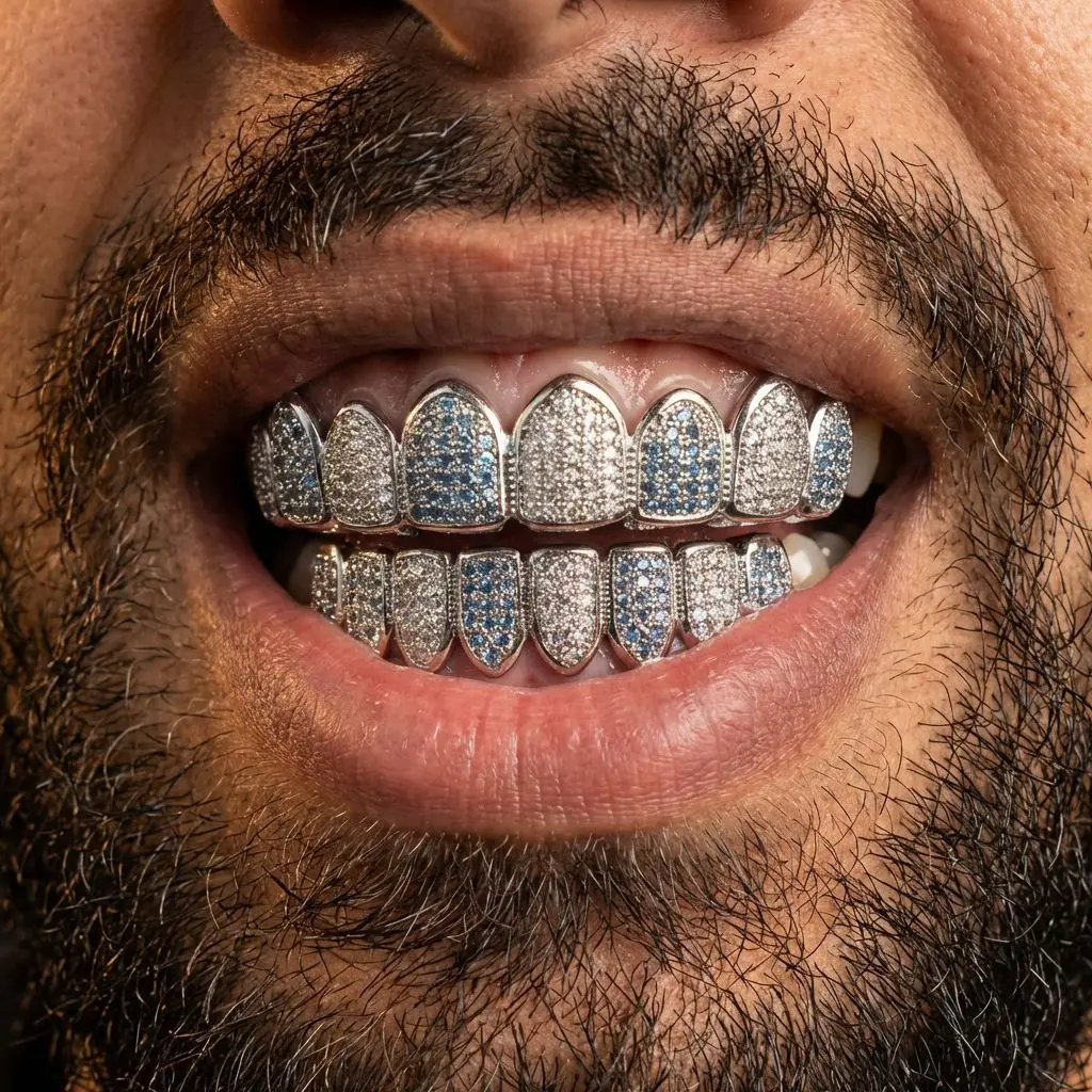 New Eight-Tooth Blue And White Zirconia Hip-Hop Braces With Micro-Set Zirconia For Halloween Costume.